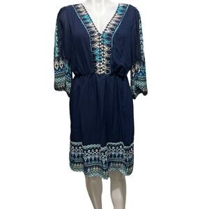 Luxology Navy Career Dress with Geometric Print Color Block Trim V-Neck Small